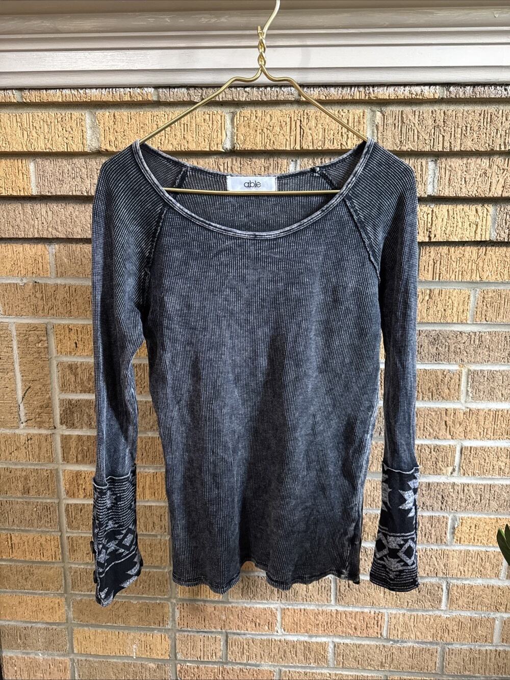American Able Black Boho Aztec Embellished Cuff Mineral Wash Thermal Top Small